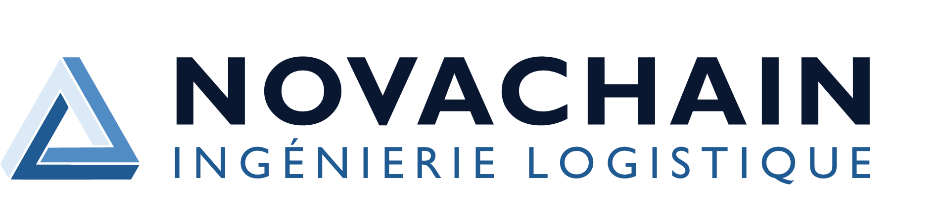 Logo principal NOVACHAIN en bleu foncé, incarnant la rigueur, la confiance et l’innovation dans les services de pilotage logistique et d’accompagnement terrain